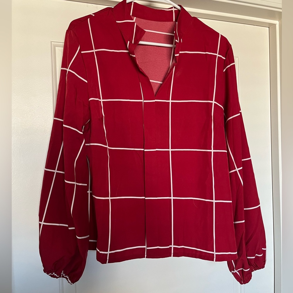 Red with white stripe pattern business casual top. Size Large. From SHEIN.